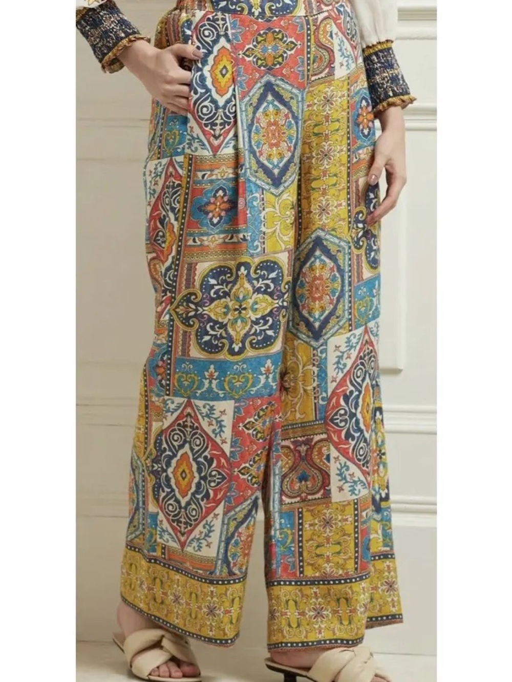 Ranna Gill Anthropologie Paisley Print Linen Blend Wide Leg Pants